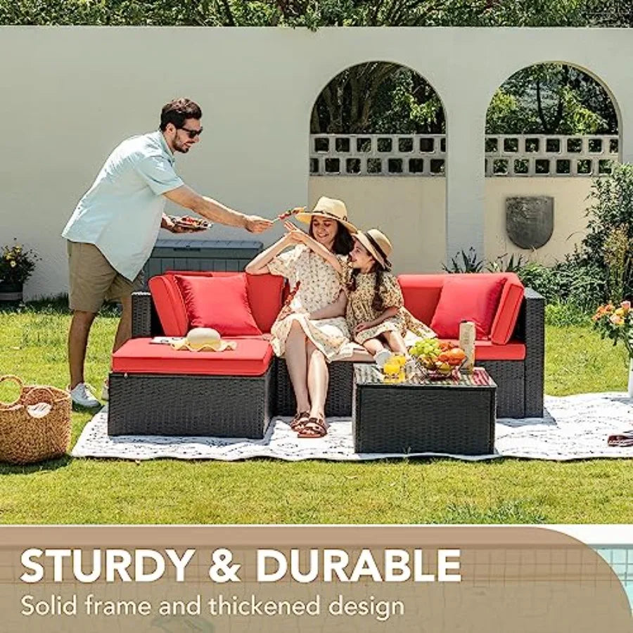 5 Pieces Patio Furniture Set Outdoor Sectional Sofa with Manual Weaving Wicker Rattan in Red Includes Cushions and Glass Table