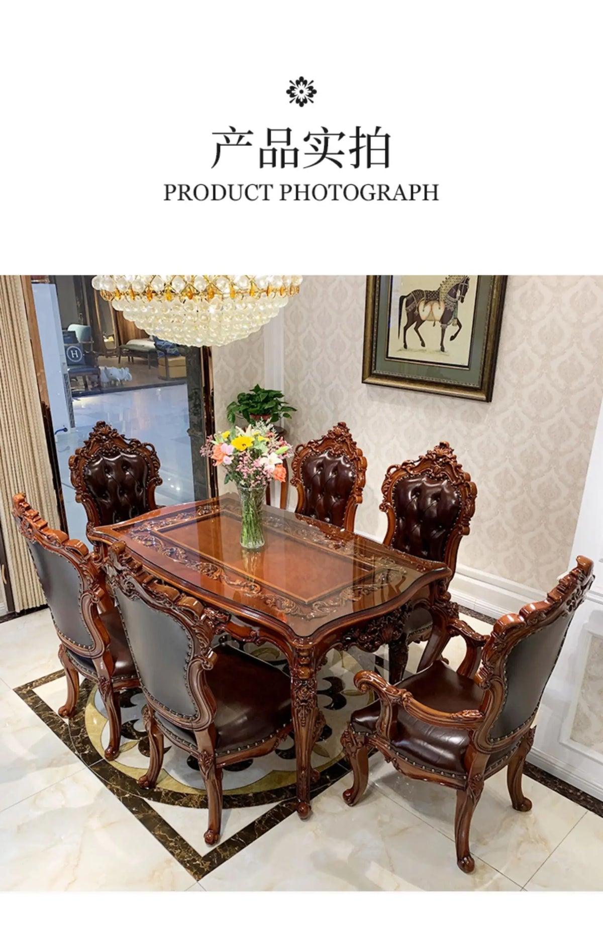 European-style all-solid wood dining table and chairs, living room, luxury villa home square table, French glass dining table