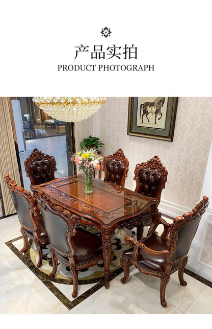 European-style all-solid wood dining table and chairs, living room, luxury villa home square table, French glass dining table