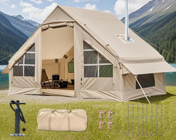4-6 Person Inflatable Tent - Quick Setup Air Tent with Stove Jack, 420D Oxford (PU2000), 15cm Air Beams, 2 Doors & Windows
