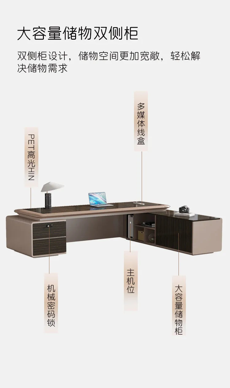 luxury Computer Office Desk Standing L Shaped Writing Boss Table Lift Up Table Gaming Sedentary Filing Cabinet Boss Furniture