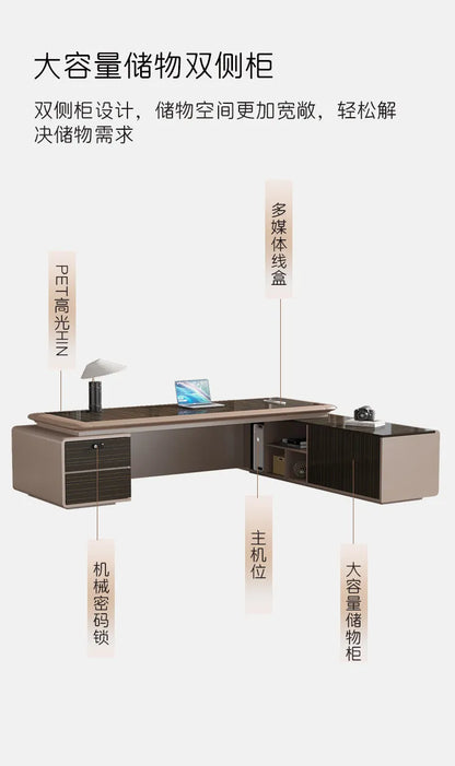 luxury Computer Office Desk Standing L Shaped Writing Boss Table Lift Up Table Gaming Sedentary Filing Cabinet Boss Furniture
