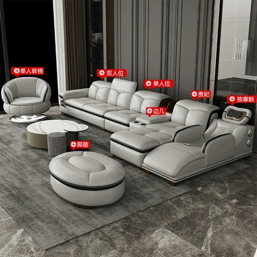 Smart Leather Sofa Massage for Left and Right Noblewomen, Cowhide Solid Wood Living Room Corner Small Unit
