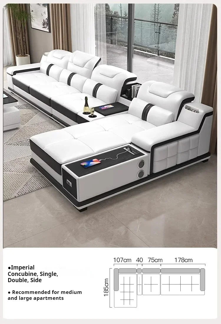 Luxury Italian Genuine Leather Sectional Sofa Set With Bluetooth Speaker And USB Ports Cow Leather Divano Living Room Furniture