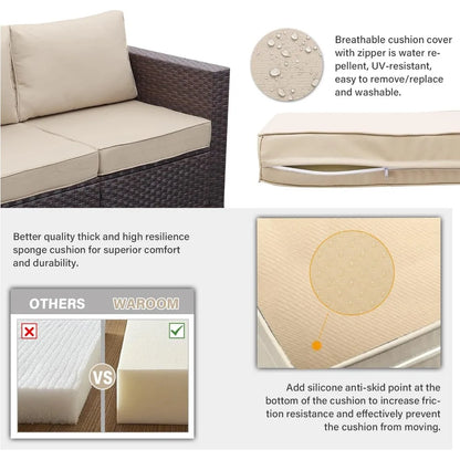 Outdoor Patio Furniture Set 4 Piece， Brown Rattan Sectional Sofa Couch PE Wicker Conversation Sets with Storage Box Glass Top Ta