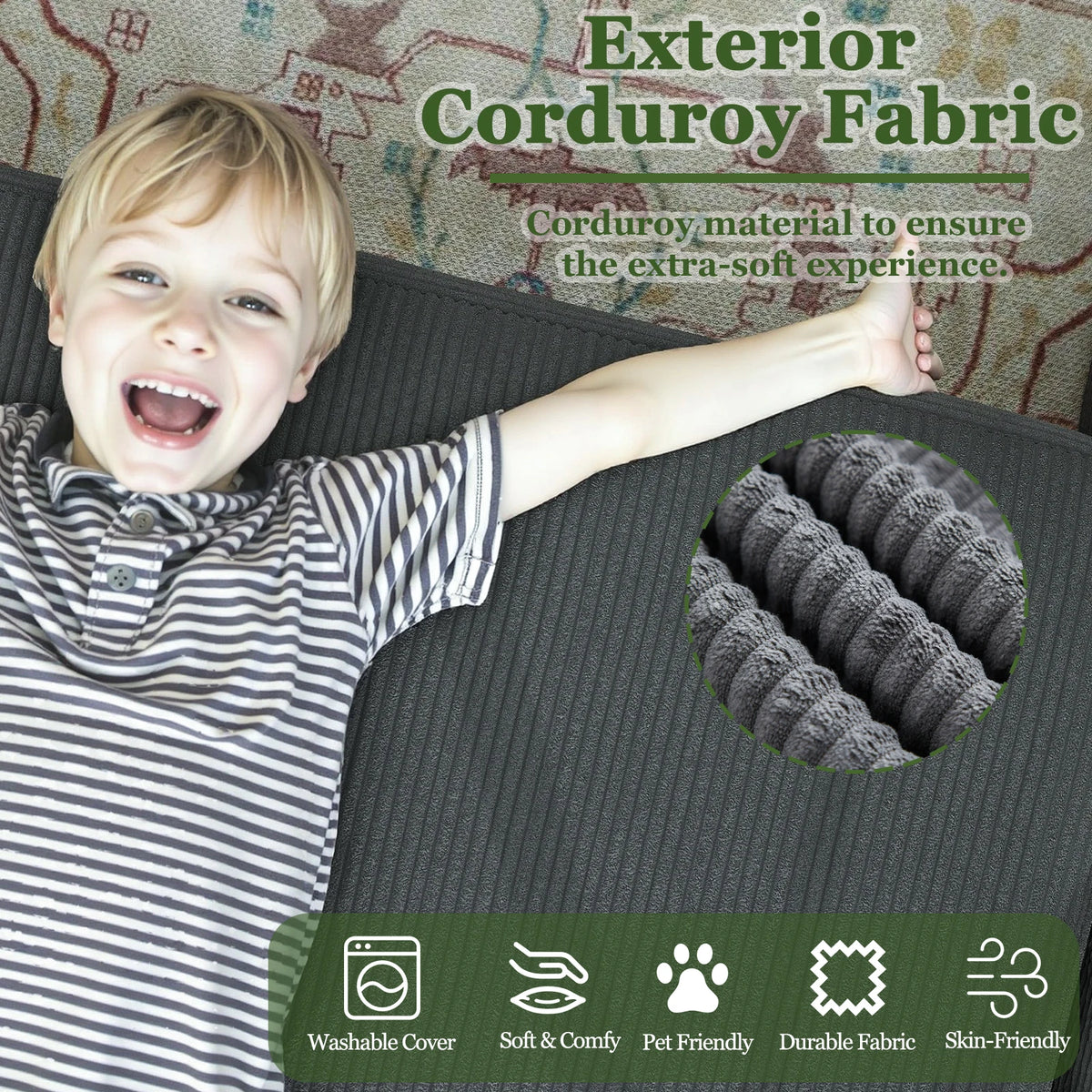 Modular Sectional Sofa with L-Shape Chaise, Cloud Couch in Corduroy, Deep Seat Living Room Sofa with Side Pockets, No Assembly R