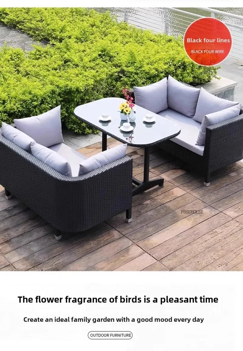 Nordic Outdoor Garden Sofas Leisure PE Rattan Garden Terrace Sofa Chair Set Courtyard Balcony Double Sofa Outdoor Furniture GG A