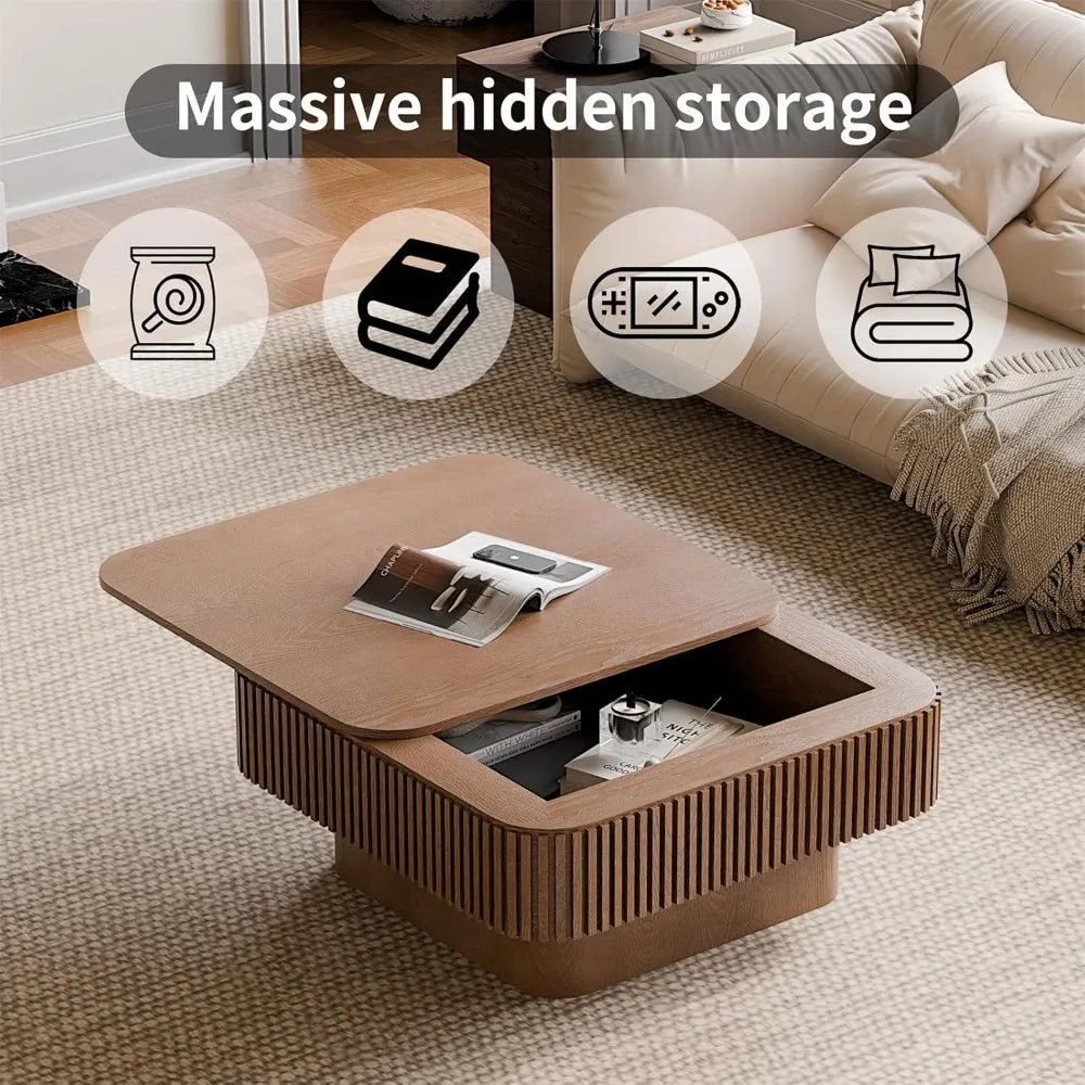 Square Coffee Table for Living Room,Fluted Drum Accent Tea Center Table with Storage,Solid Wood Modern Coffee Tables.