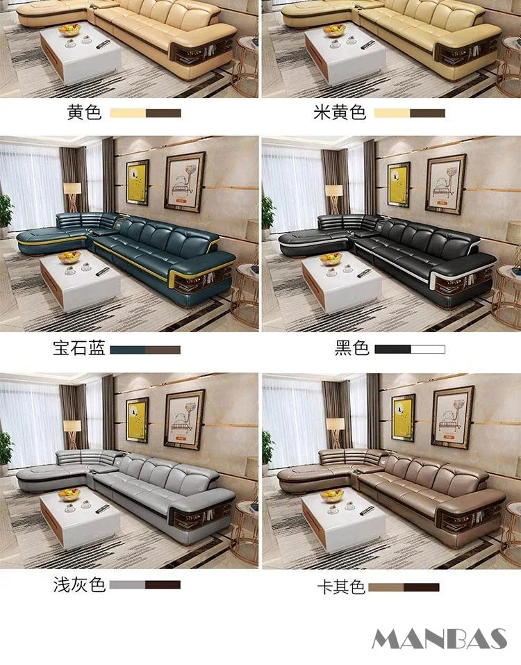 Luxury L-Shaped Genuine Leather Sectional Sofa Sets with USB, Bluetooth Speaker - MANBAS Living Room Italian Leather Couches