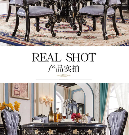 European marble dining table and chair combination American round table ebony French solid wood round home