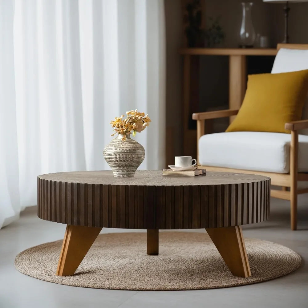 Modern Rustic Walnut Coffee Table - Space-Saving Pedestal Design for Contemporary Living Rooms