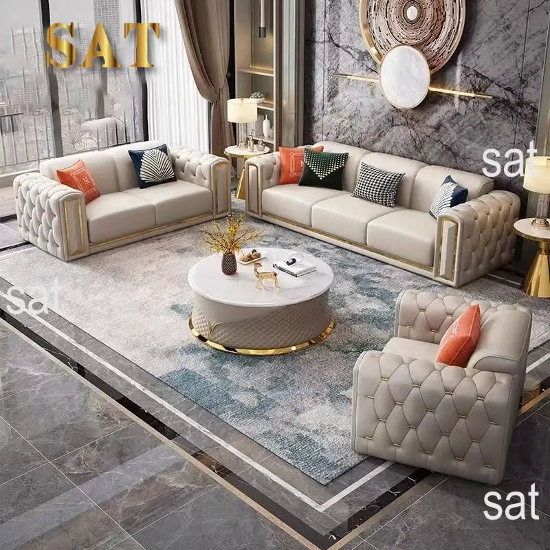 / Modern New Design Luxury Couch With Brass Legs Plush Leather Sofa Living Room Furniture