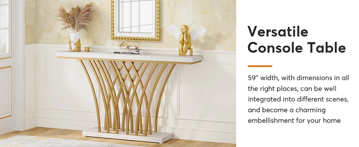 Tribesigns 59 inch Gold Console Table, Modern Entryway Table with Grid-Shaped Metal Base for Entrance, Hallway, Entryway