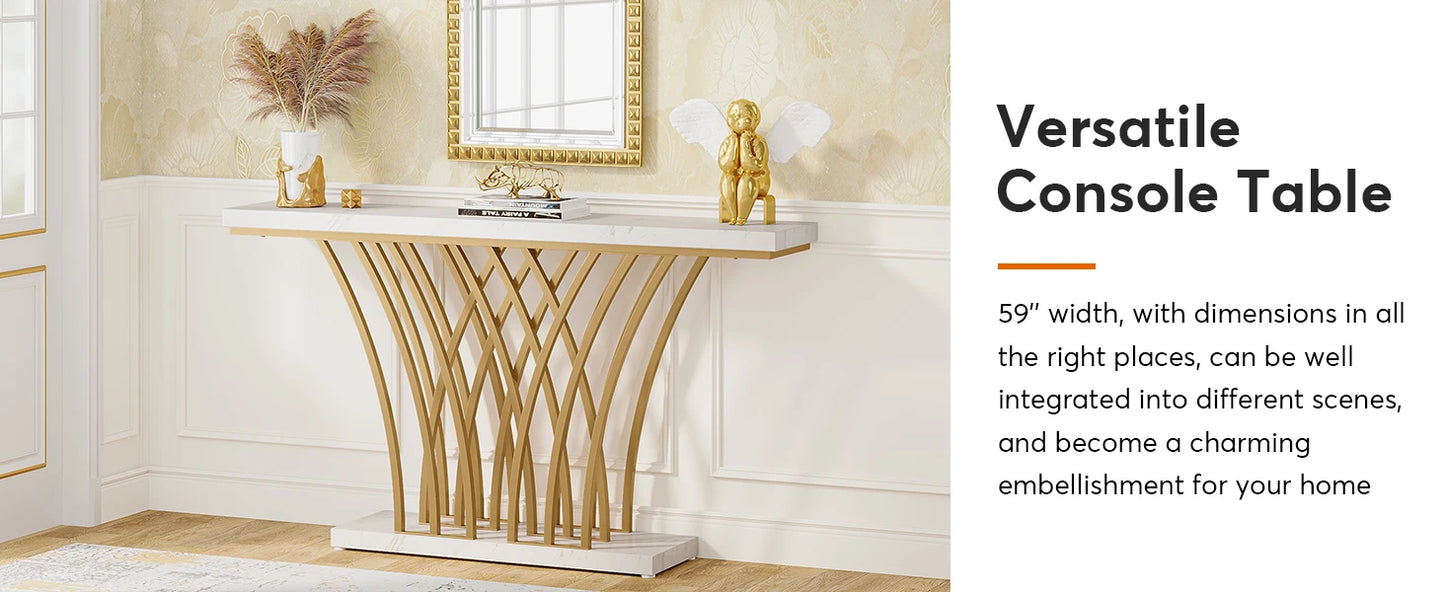 Tribesigns 59 inch Gold Console Table, Modern Entryway Table with Grid-Shaped Metal Base for Entrance, Hallway, Entryway