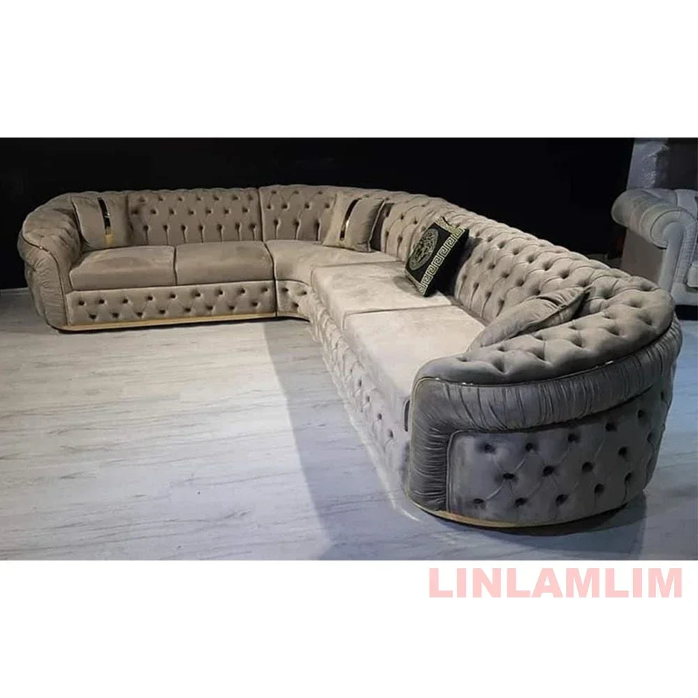 A Luxury Chesterfield Sectional Sofa Set With Cloth Buttons And Fabric Modular Couch With Gold Stainless Steel Base, 3-seater So