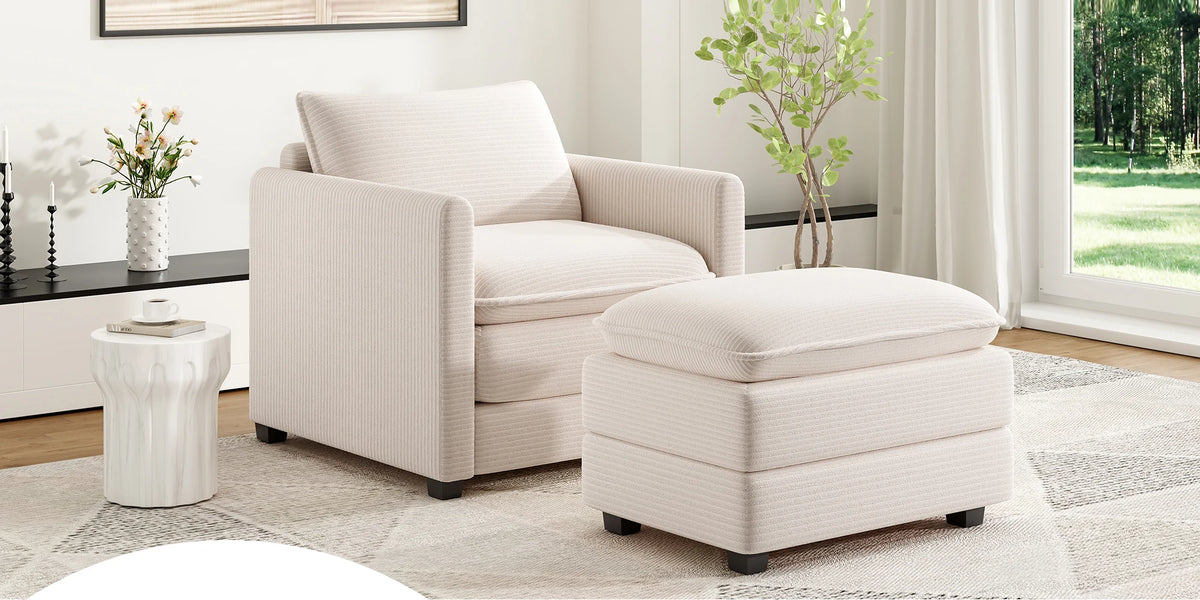 Corduroy Armchair with Ottoman Set, Accent Chair & Footstool, High-Quality Foam, Easy 15-Min Assembly, for Living Room, Bedroom