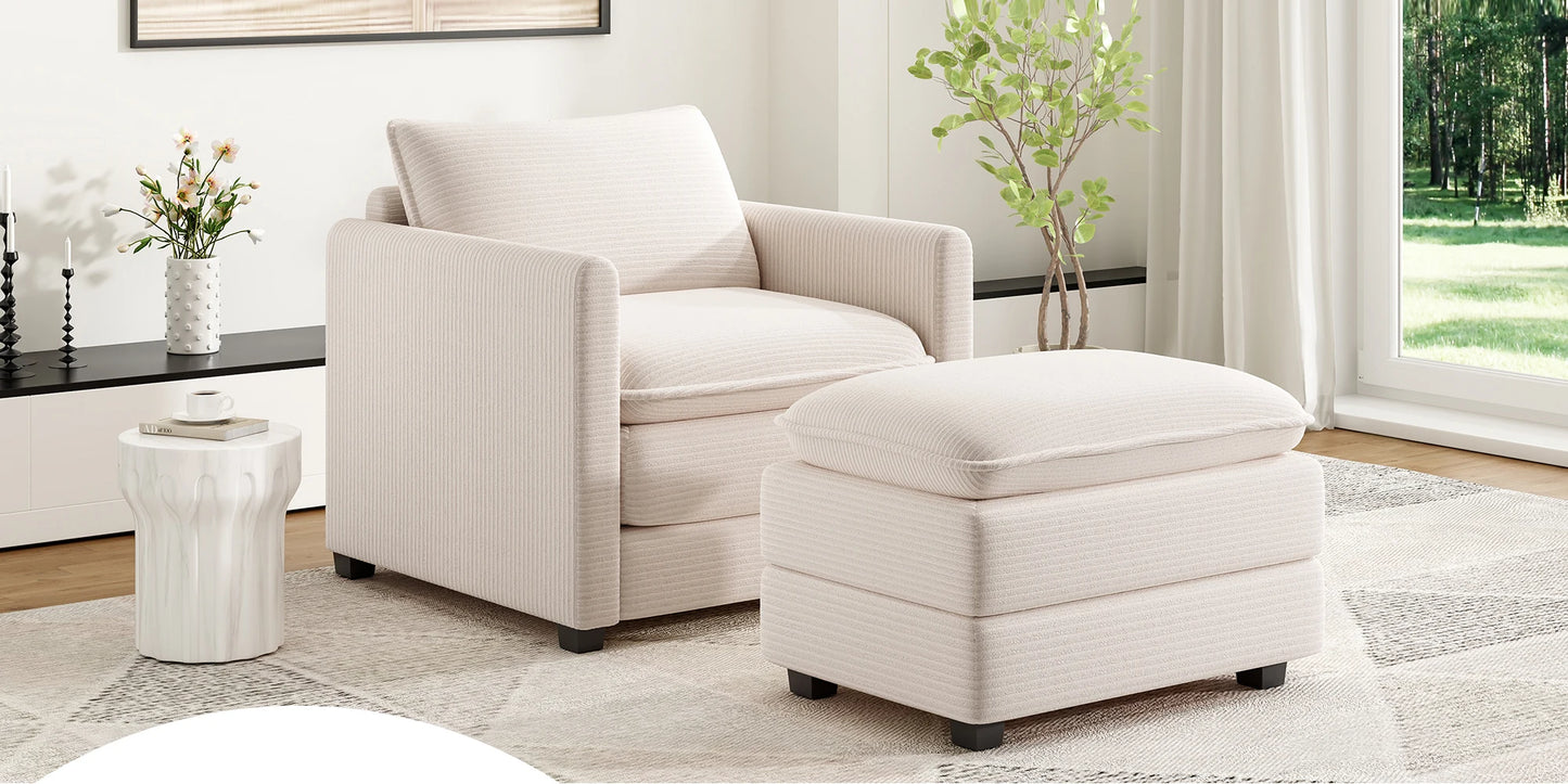 Corduroy Armchair with Ottoman Set, Accent Chair & Footstool, High-Quality Foam, Easy 15-Min Assembly, for Living Room, Bedroom