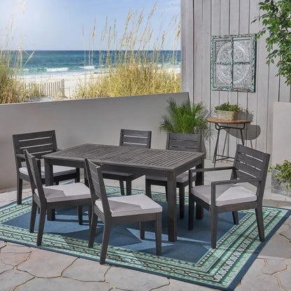 Expandable 7-Piece Outdoor Acacia Wood Dining Set in Sandblasted Dark and Light Gray