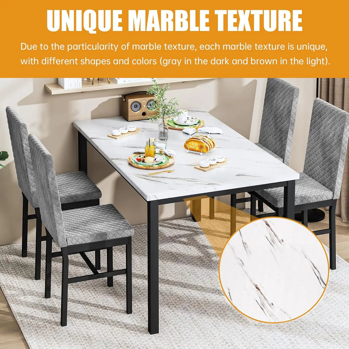 Dining Table Set for 4 Kitchen Table and Chairs Set of 4 Faux Marble Kitchen and Dining with Velvet Upholstered Dinner