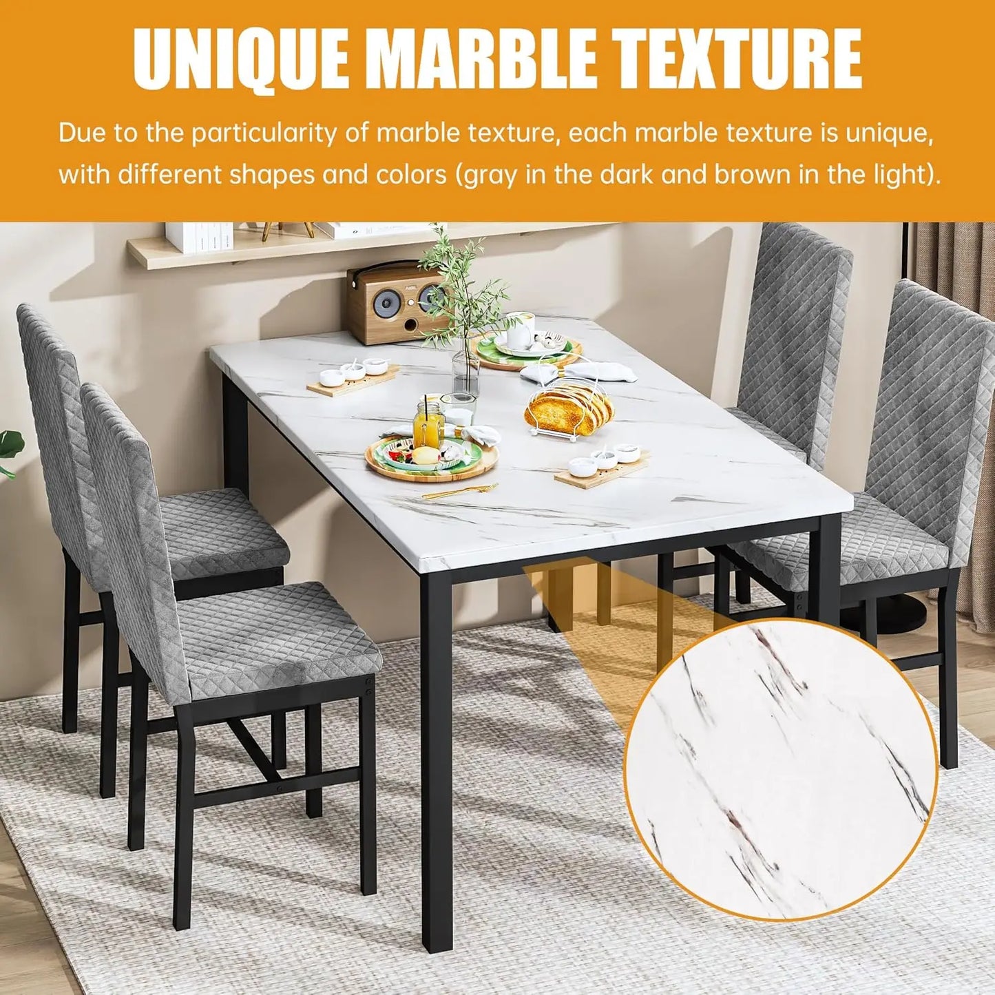 Dining Table Set for 4 Kitchen Table and Chairs Set of 4 Faux Marble Kitchen and Dining with Velvet Upholstered Dinner