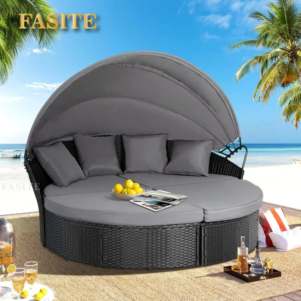 Nordic luxury Leisure Round Daybed with Retractable Canopy,Outdoor Furniture with Washable Cushions, Clamshell Sectional Seating