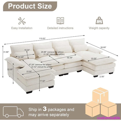 "110 inch chenille fabric u-shaped sectional sofa with double chaise and sleeper for comfortable living room seating"