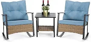 Wicker Rocking Chairs for Outdoors 3 Piece, Patio Rocking Chairs Set of 2, Patio Furniture Set, Small Outdoor Set for Porch, Poo