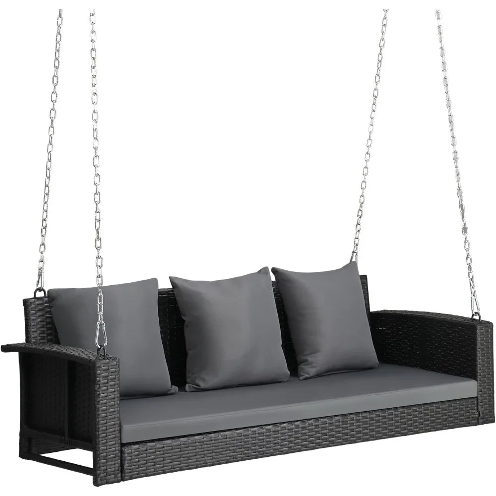 5FT Wicker Outdoor Porch Swing for Adults, 3-Person Patio Swing with Cushion, Pillows, and Chains