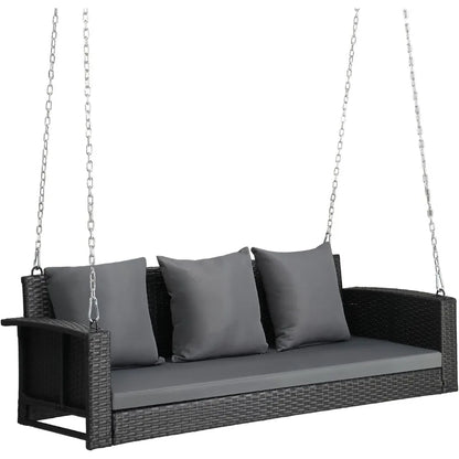 5FT Wicker Outdoor Porch Swing for Adults, 3-Person Patio Swing with Cushion, Pillows, and Chains