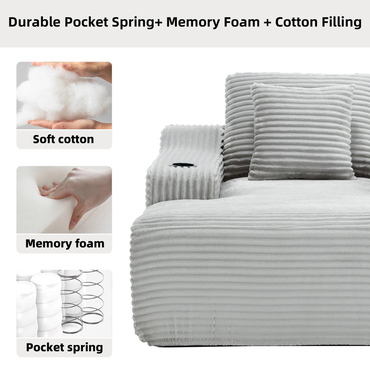 67 Inch Chaise Lounge Chair Indoor, Oversized Corduroy Upholstered Boneless Sofa Bed, Cloud Sofas Couches for Living Room