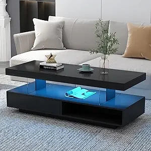 Modern LED Coffee Table with Storage, High Gloss Cocktail Center Table with Drawers