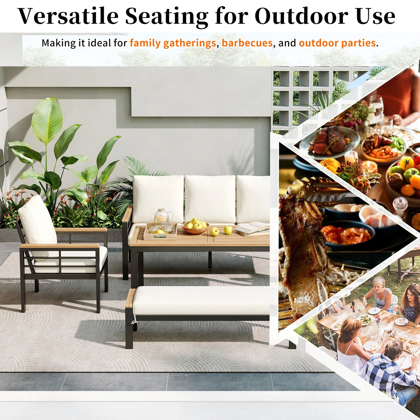 5-Piece Outdoor Furniture Set, 3-Seat Sofa, Patio Conversation Set with Cushions for Backyard, Poolside, Garden, Black with