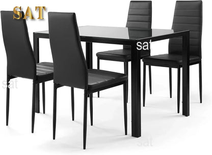 Dining Room Table Set,5-Piece Kitchen Dining Set with Glass Table Top 4 PU  Metal Frame Chairs A