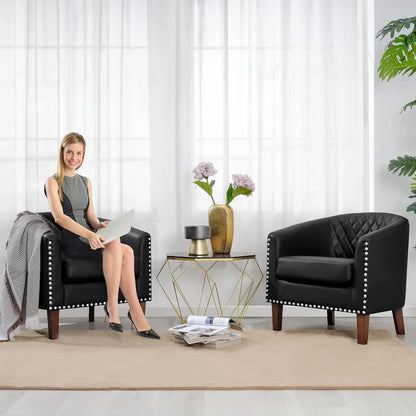 Barrel Chair Set Of 2, Comfy Accent Chair, Faux Leather Living Room Chairs Club Chair With Cushion, Nailhead Trim And Diamond