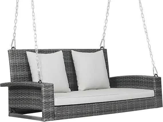 Outdoor Porch Swing Bench, 2-Person Hanging Swing Bench with Heavy Duty Frame, Patio Wicker Hanging Swing with Rustpr
