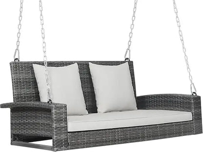 Outdoor Porch Swing Bench, 2-Person Hanging Swing Bench with Heavy Duty Frame, Patio Wicker Hanging Swing with Rustpr