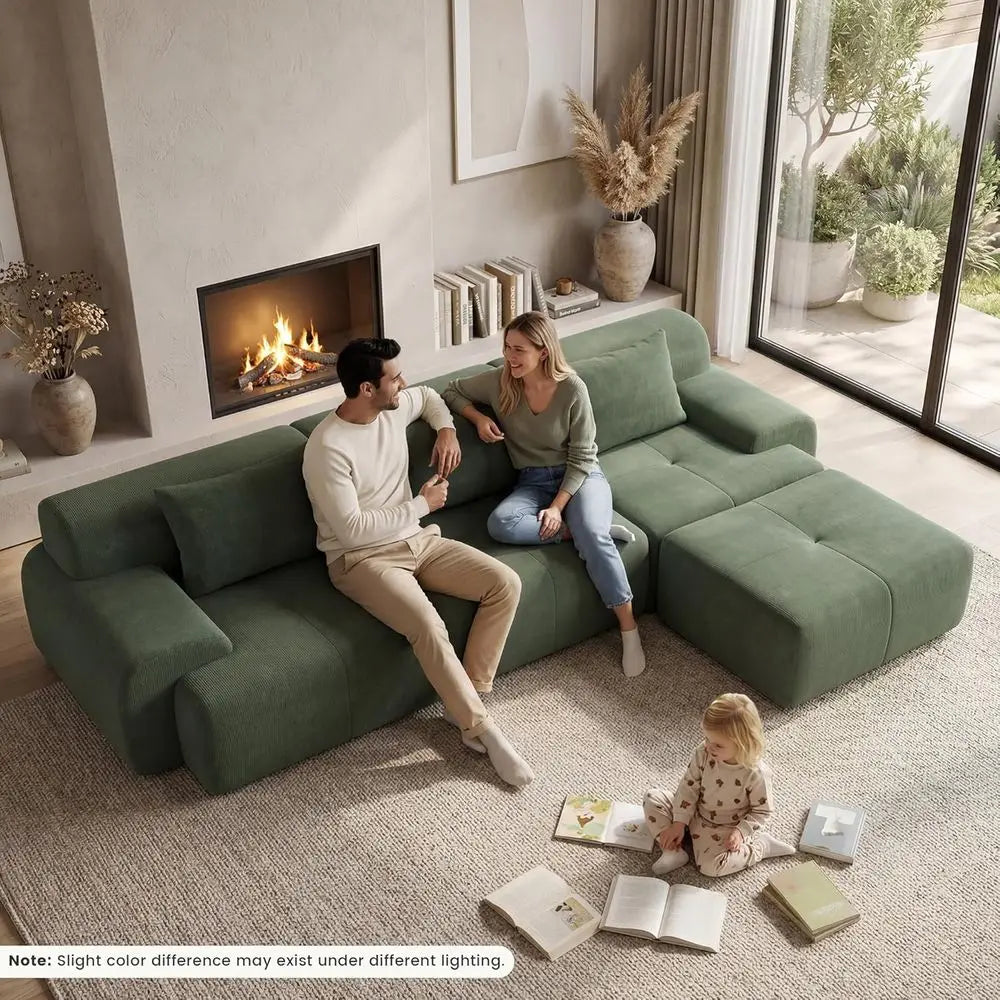 Green Oversized L-Shape Sectional Sofa with Deep Seat, Ottoman, and 3 Pillows