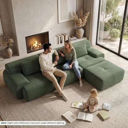 Green Oversized L-Shape Sectional Sofa with Deep Seat, Ottoman, and 3 Pillows