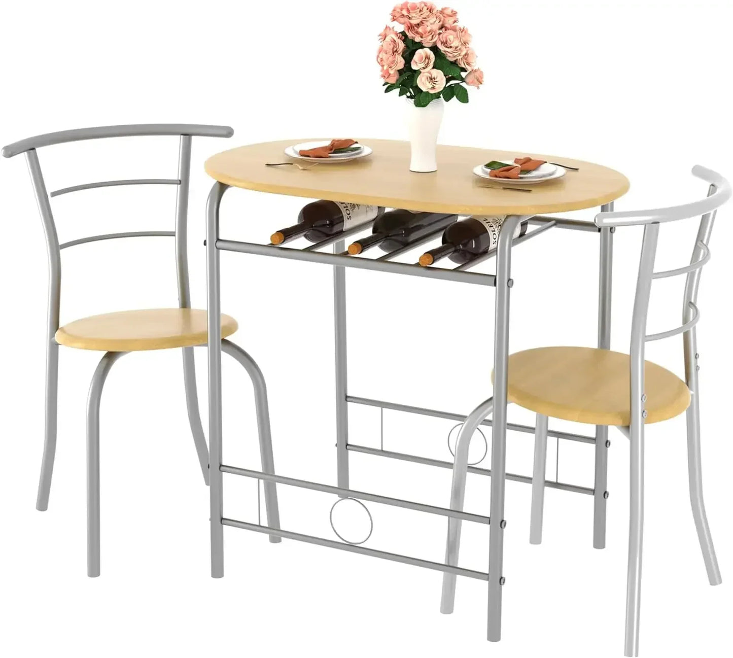 v 3 Piece Small Round Dining Table Set for Kitchen Breakfast Nook, Wood Grain Tabletop with Wine Storage Rack, Save Space, 31.