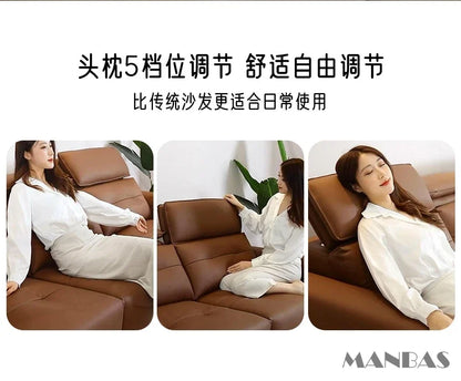Genuine Leather Electric Convertible Sofa Bed with Adjustable Headrest, Multifunctional Folding Sofa Beds for Cinema Living Room