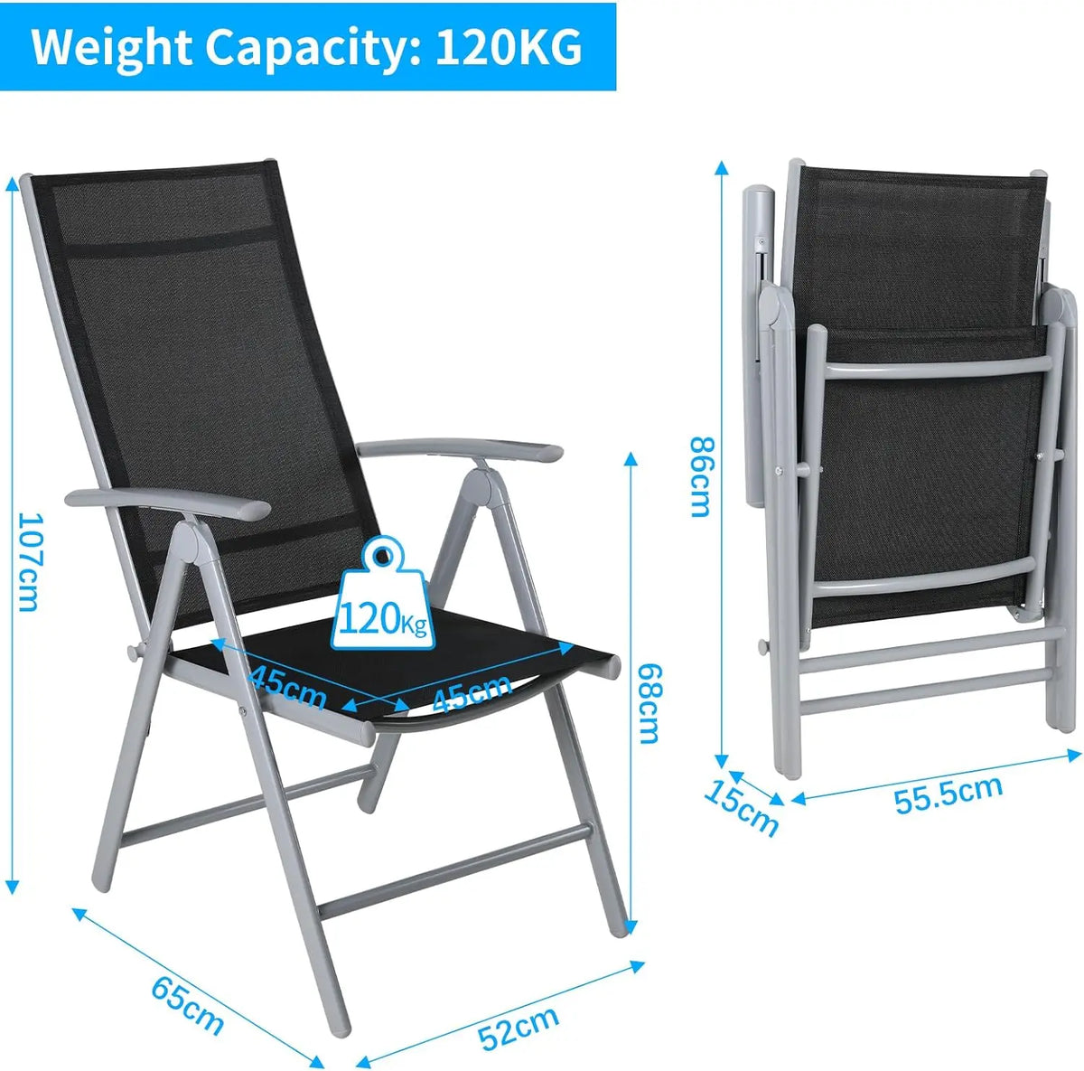 2PCS Foldable Lounge Chair Patio Folding Dining Chairs Aluminum Padded Adjustable High Back Lightweight Lawn Chair, Load 120kg