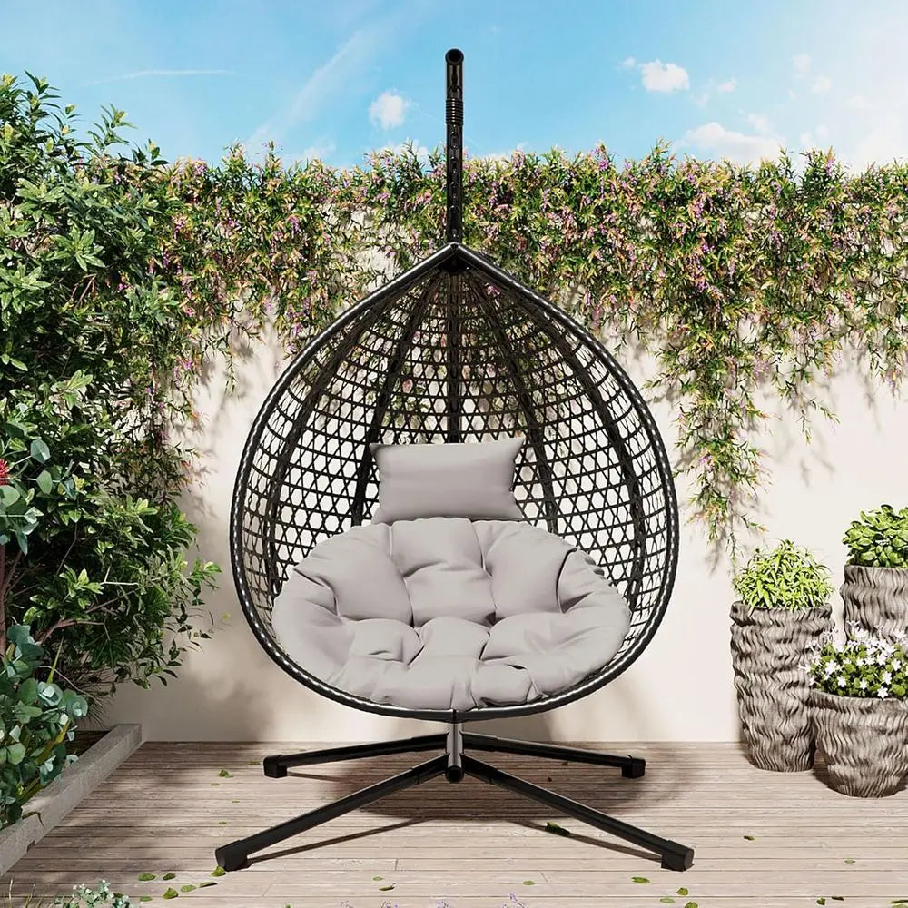 Outdoor/Indoor Wicker Swing Chair with Stand, Egg Hammock for Patio, Garden, Living Room