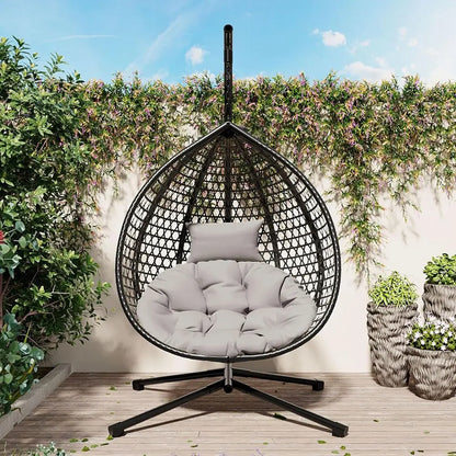 Outdoor/Indoor Wicker Swing Chair with Stand, Egg Hammock for Patio, Garden, Living Room