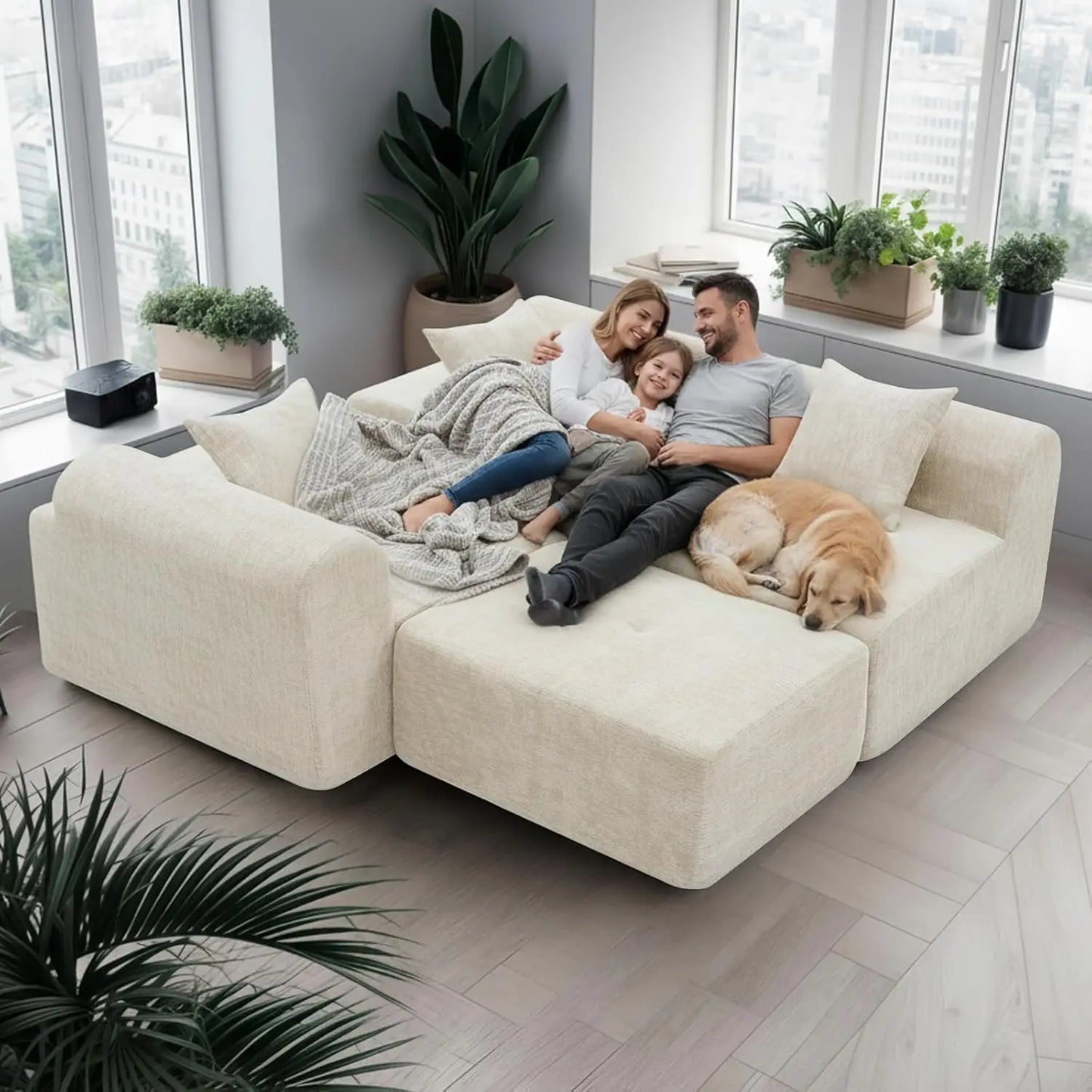 119’’ Modular Compression Sofa, L-Shaped Cloud Sectional Couch with Chaise & Deep Seating, Modern Upholstered Living Room Couch