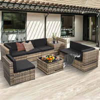 8 Pieces Outdoor Wicker Rattan Patio Furniture Sectional Set, Glass Top Table with Hidden Storage