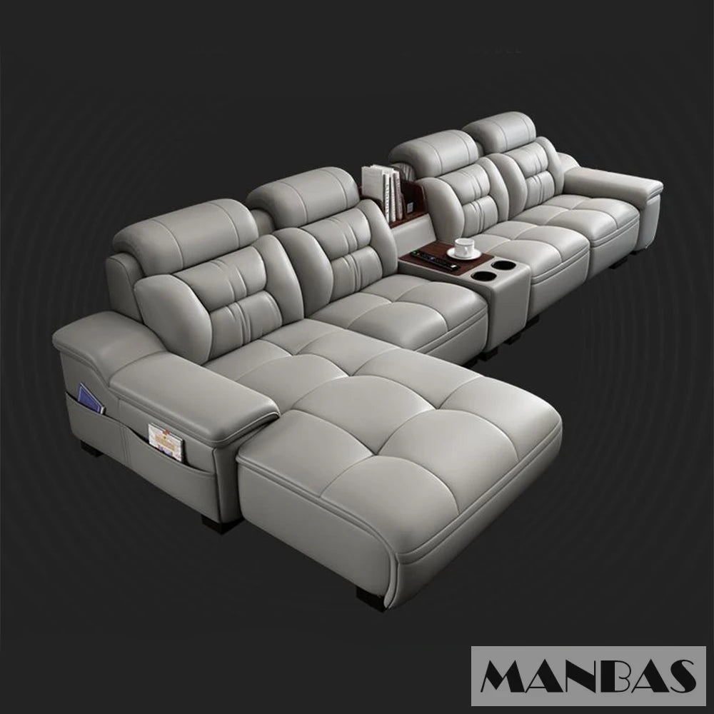 MANBAS Italian Genuine Leather Sectional Sofa with USB Charging, Bluetooth Speaker and Projector - Perfect for Your Living Room