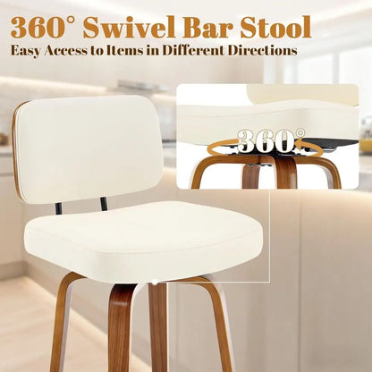 Ensemble de 3, 27 tabourets de bar pivotants en simili cuir blanc crème à hauteur de comptoir avec dossier, design moderne rembourré du milieu du siècle pour Kitc