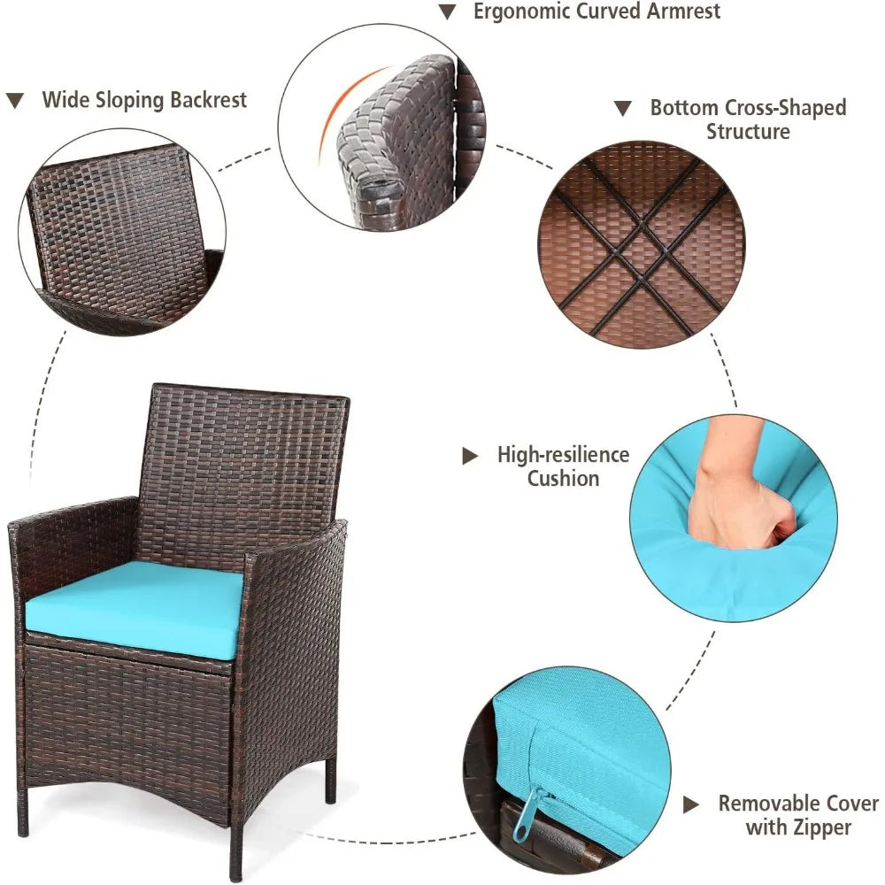 3 Pieces Patio Furniture Set, Wicker Outdoor Furniture with Water-Resistant Cushion & Tempered Glass Top Table, Conversation Set