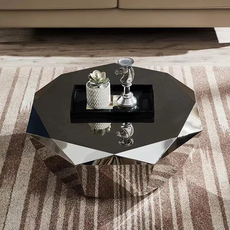 Light luxury modern minimalist special-shaped stainless steel diamond coffee table living room home Italian sofa natural
