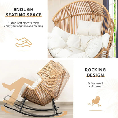 PE Rattan Egg Rocking Chair with Cushion, Oversized Patio Lounge for Outdoor Indoor Garden Balcony Beige